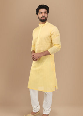 Pastel Yellow Self Striped Kurta Set image number 0